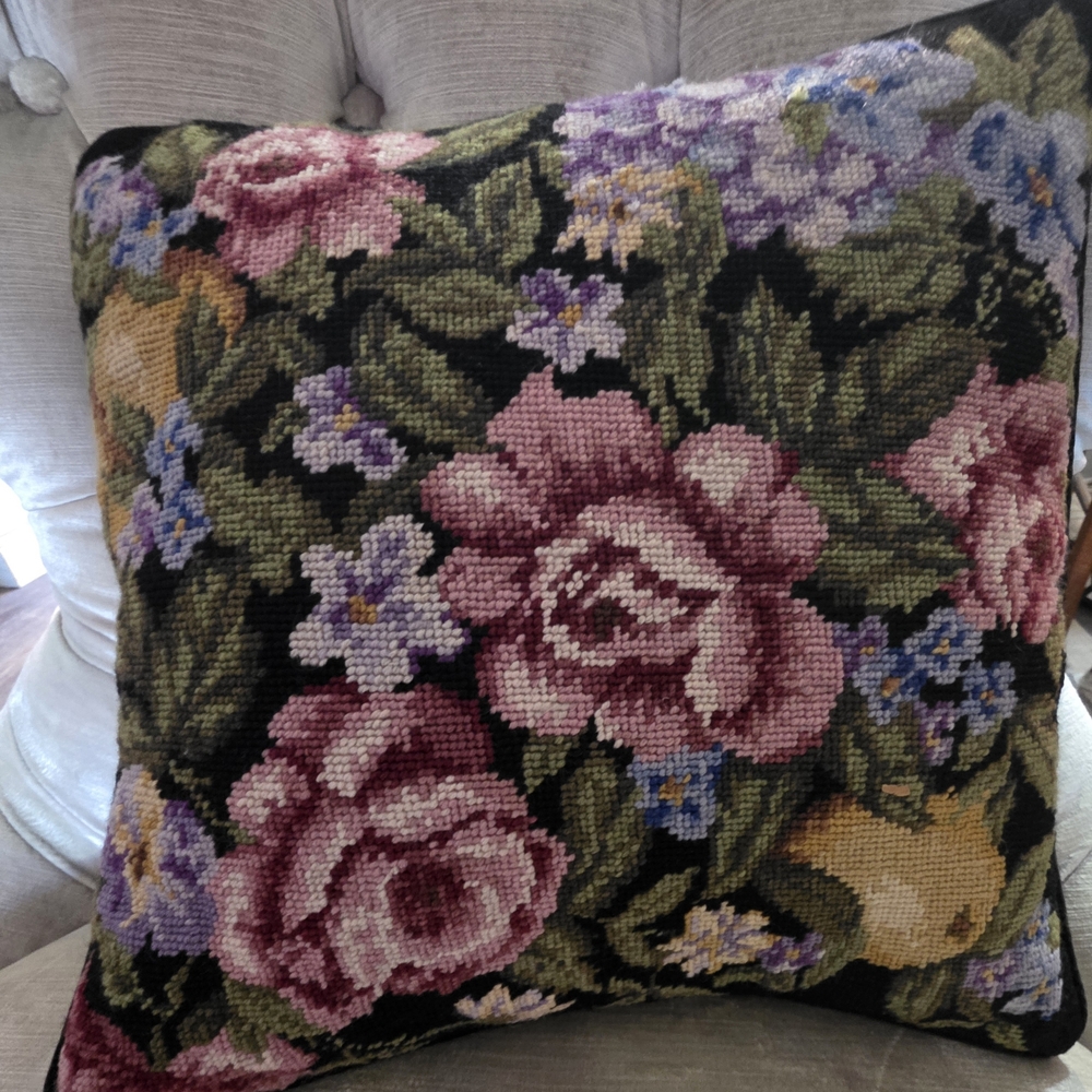 Vintage-Style Floral Needlepoint Accent Pillow in Pink and Green SET OF 2